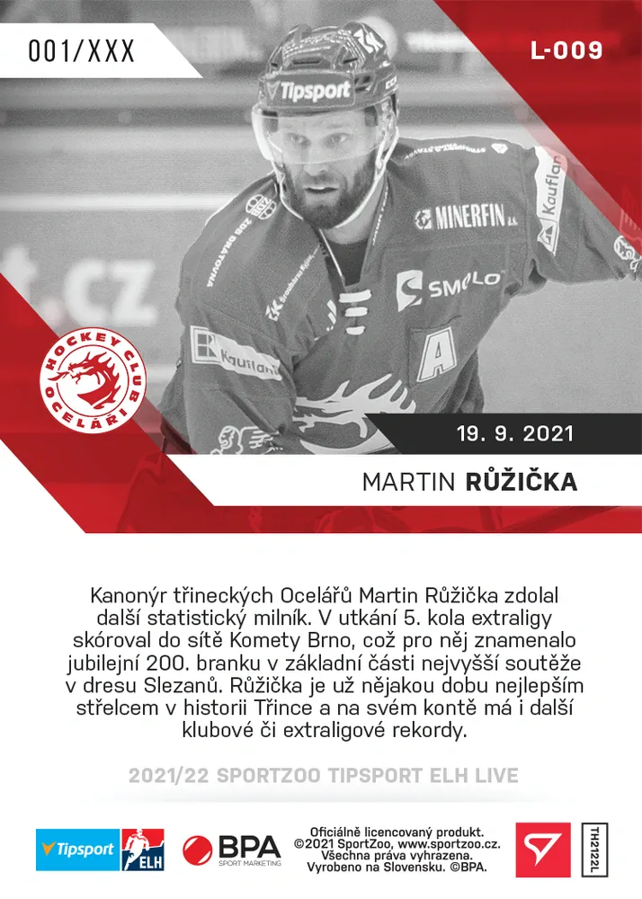 Růžička Martin SportZoo Tipsport ELH 2021-22 Live /82 č.9