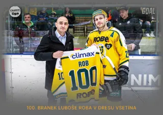 100. branek Luboše Roba v dresu Vsetína Goal Cards II.série 2023-24 Momentky č.MOM-10